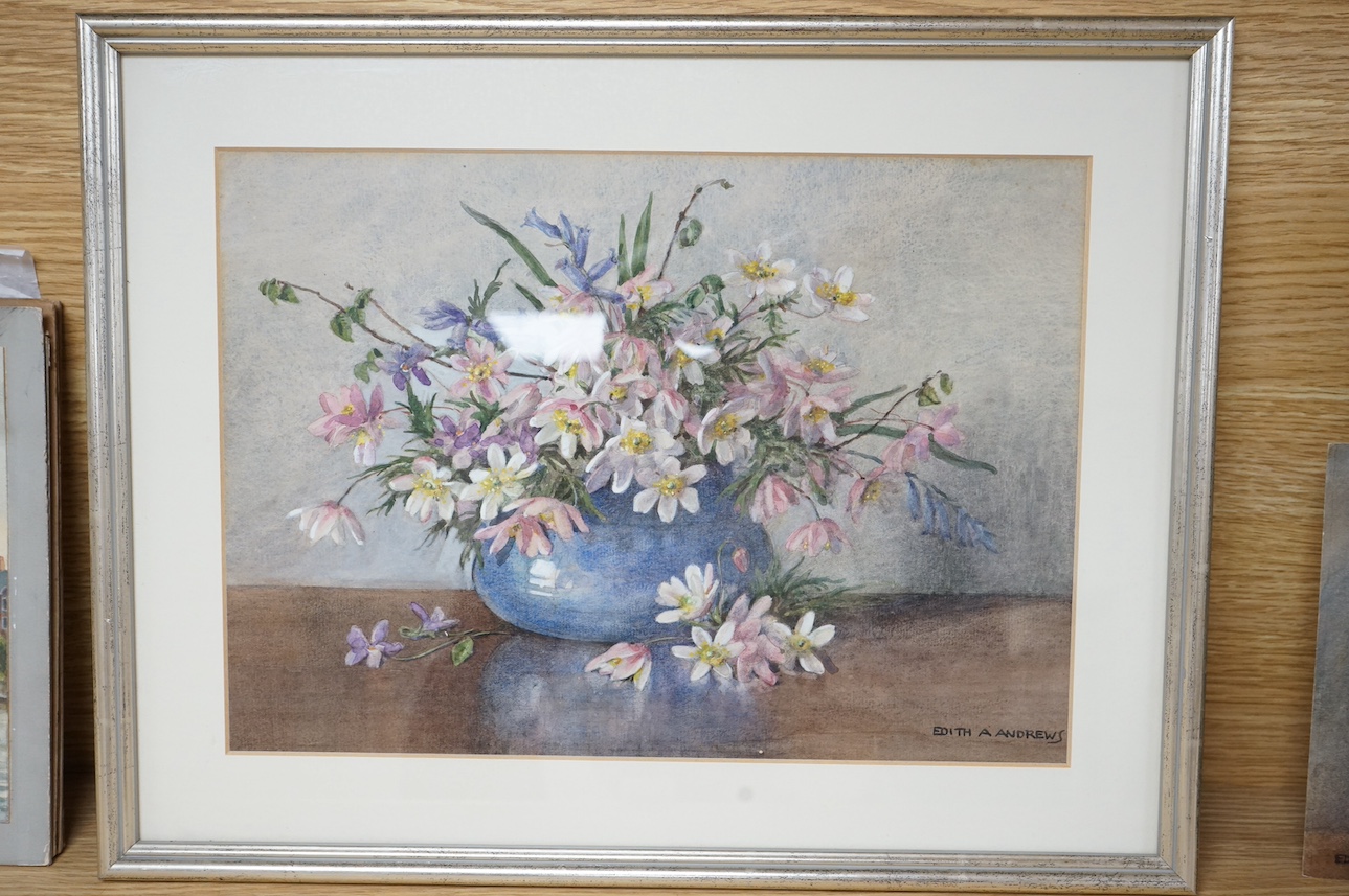 Edith Alice Andrews (exh. 1900-1940), four watercolours to include one framed, Still lifes and flowers, each signed, largest 27 x 35cm. Condition - fair/good